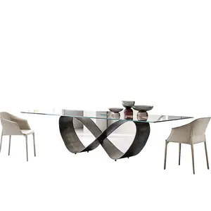 Longjiang Fabriek Populaire Moderne Luxe Metalen Kader Marmer Dining Glas Snijtafel Met U Vorm Base