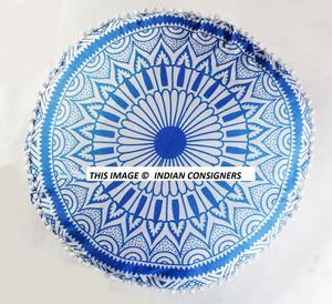 Ombre Mandala 22 pulgadas otomana cubierta de asiento redondo Puff hecho a mano blanco-azul algodón reposapiés cubierta por consignadores indios - Product Image 3