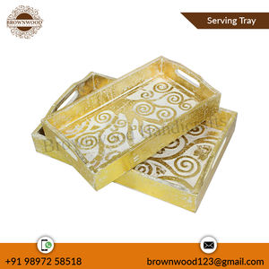 Juego de bandejas de madera con acabado blanco dorado con diseño tallado a mano para la decoración del restaurante del hogar de un fabricante indio certificado - Product Image 6