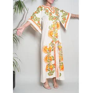 Incredible 1970's Bohemian Citrus Color Peacock Folk Embroidery Angel Sleeves Caftan Vintage Maxi Dress Pullover With Back Zip