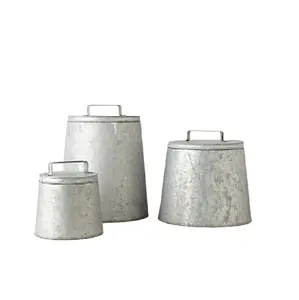 Set of 3 Round Galvanized Food Storage Container Top Selling Different Sizes Grey Color Galvanized Tin Food Storage Container