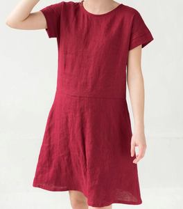 Robe pour femme en lin 100% rouge brillant, couleur bordeaux, col rond, longueur genou, formelle, unie, manches courtes, respirante, ample - Product Image 3