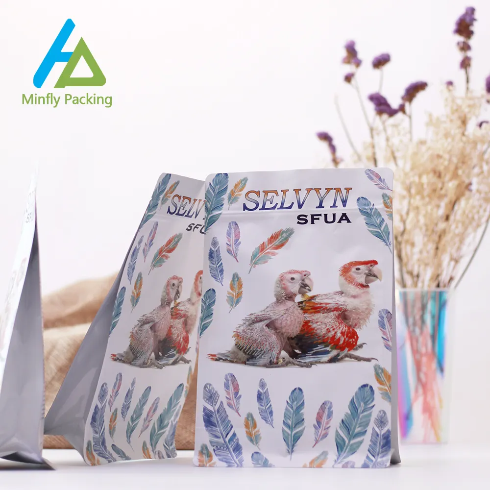 Minfly Digital Printing Custom Logo Size Food Plastic Aluminum Flat Bottom Stand Up Pouch with Zipper Packaging Bag