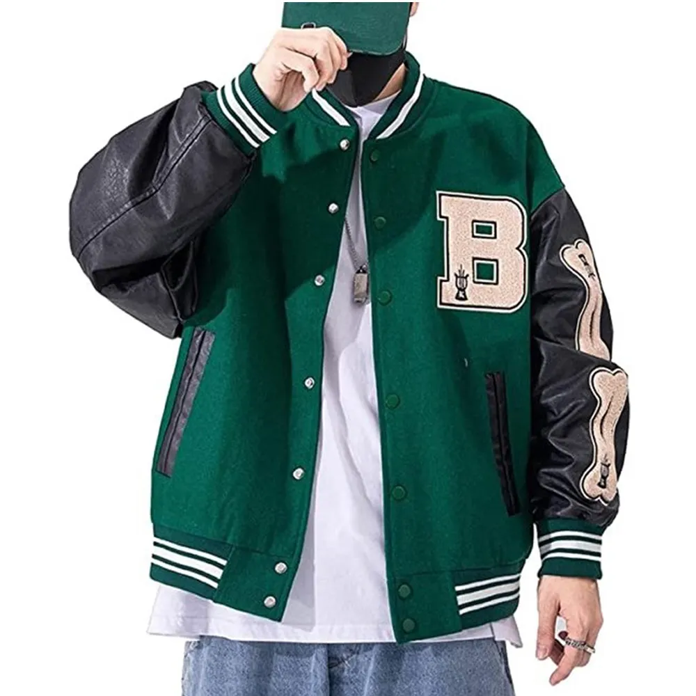 Chaqueta Bomber de algodón con bolsillo, ropa de calle con logo personalizado, chaqueta de béisbol de manga de cuero