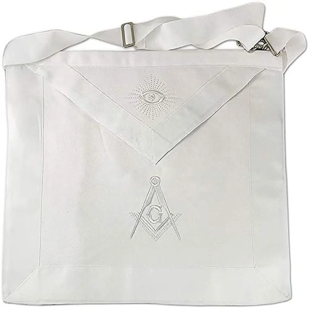 Masonic white apron square and compass machine embroidered logo with adjustable belt and backing with pocket