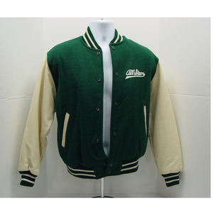 Blouson bombardier pour hommes, à manches en cuir, avec poignets en tricot rayés, personnalisé en laine - Product Image 1