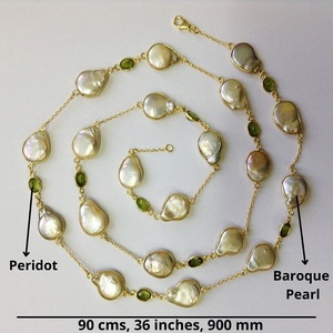 Everyday Wear 925 Sterling Silver <b>Gold</b> Plated Peridot and Baroque Pearl 90 Cms. Long Chain Necklace - Product Image 2