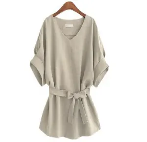 Summer Women Blouses Linen Tunic Shirt Ladies Blouse Female Top for Tops V Neck Big Bow Batwing Tie Loose 3XL Casual Dresses