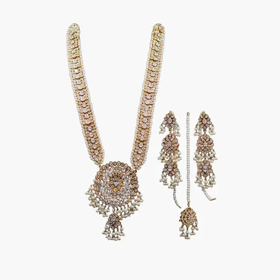 Handcrafted 22k gold plated zirconia pearl Indian bridal 5 piece Pakistani jewellery wedding set tikka earrings wholesaler