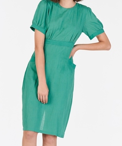 Green O-Neck Short Sleeve Knee-Length Linen <b>Dress</b> with <b>Pockets</b> Casual Loose Fit Formal Solid Summer Wear - Product Image 2
