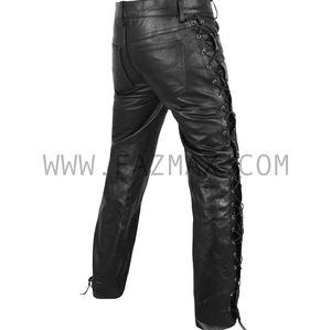Mens Side Laces Thick Black Genuine <b>Leather</b> Motorcycle Pants <b>Trouser</b> - Product Image 3