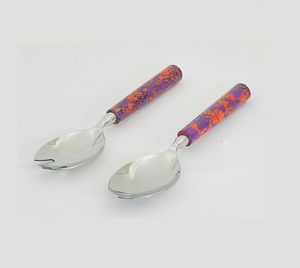 Ensemble de serveurs à salade en acier inoxydable de qualité standard plaqué or avec poignée en terrazzo en bois pour les événements de cuisine hôtel restaurant utilisés - Product Image 2