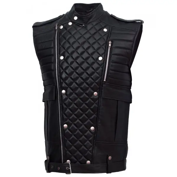 2023 Real Genuine Black Leather Men's Quilted Vest Sleeveless Padded Style With Wholesale Price