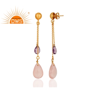 Canner — boucles d'oreilles en chaîne plaquée or 18k, améthyste Rose, calcédoine, bijoux indiens en argent, vente en gros - Product Image 2