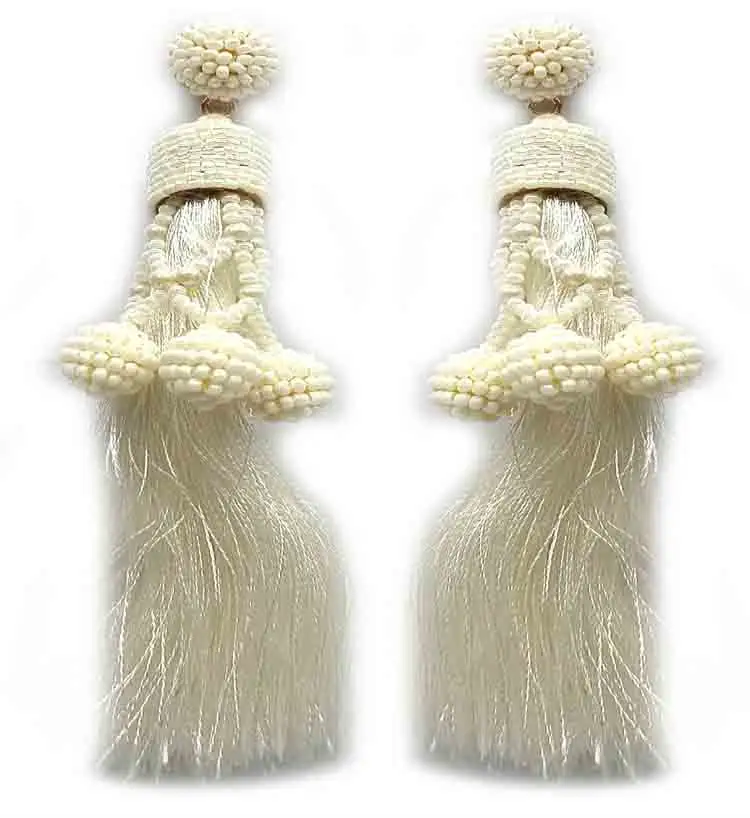 White Silk Thread with White Beads Long Dangle Earrings for Women and Girls