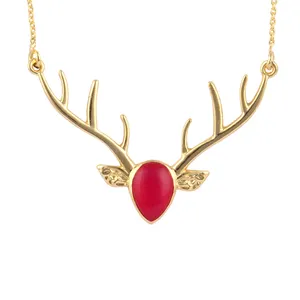 Female Fashion Jewelry Pear Shape Red Onyx Deer Antler Necklace Pendant Gold Plated Link Chain Antler Necklace Woman Jewelry