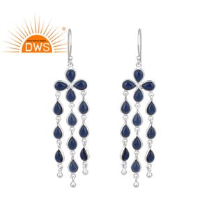 Boucles d'oreille, lustre et boucles d'oreilles, modèle de créateur, bijoux en corindon bleu, pierres précieuses, laiton plaqué argent, vente en gros, - Product Image 1
