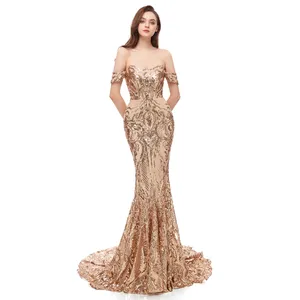 Custom Made Size Off Shoulder Mermaid 2019 New Style Gold/Rose Gold Sequined Embroidery Plus Size Prom Dresses Lady Dance Dress