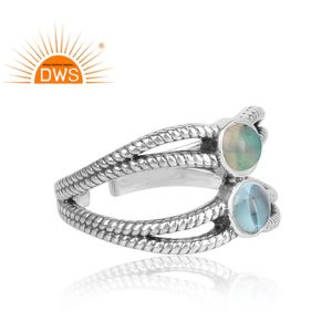 Oxidized Sterling <b>Silver</b> Natural Blue Topaz And Ethiopian <b>Opal</b> Gemstone Split Statement <b>Ring</b> Jewelry Manufacturer - Product Image 4