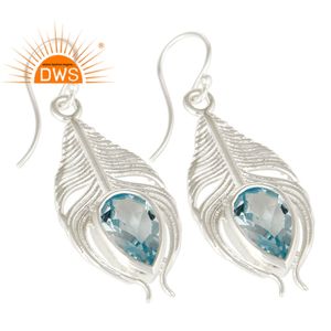 Boucle d'oreille en forme de plume de paon pour femme, argent 925, pierre précieuse bleue en topaze véritable, vente en gros, bijoux, vente en gros - Product Image 2