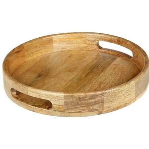 Plateau de service en bois de forme ronde de couleur marron de style vintage en bois massif naturel pour la vaisselle de bureau de fête d'anniversaire vaisselle utilisée - Product Image 1