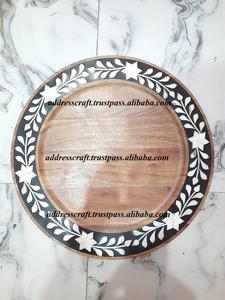 Plateau de service rond en bois et incrustation d'os de style marocain Plateau de présentation élégant pour chocolat Plats pour maison de luxe Hôtel au meilleur prix - Product Image 5