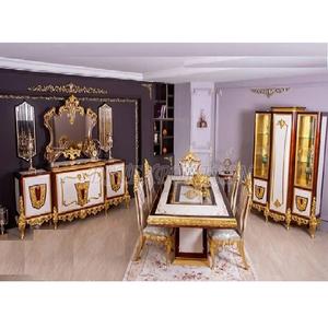 Mesa de comedor dorada tallada a mano, juego de comedor de madera Premium en 6 asientos, juego de mesa tradicional - Product Image 1