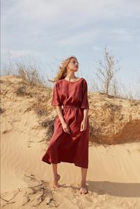 Maroon Linen A-Line Midi <b>Dress</b> O-Neck Short Sleeve <b>Elastic</b> Waist Regular Fit Formal Summer Woven Solid Color Breathable Cotton - Product Image 2