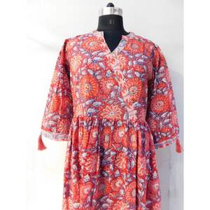 Túnicas de algodón bohemias modernas hechas a mano para mujer largas y elegantes con estampado de bloque de mano verano Casual primavera fiesta desgaste hasta el suelo - Product Image 2