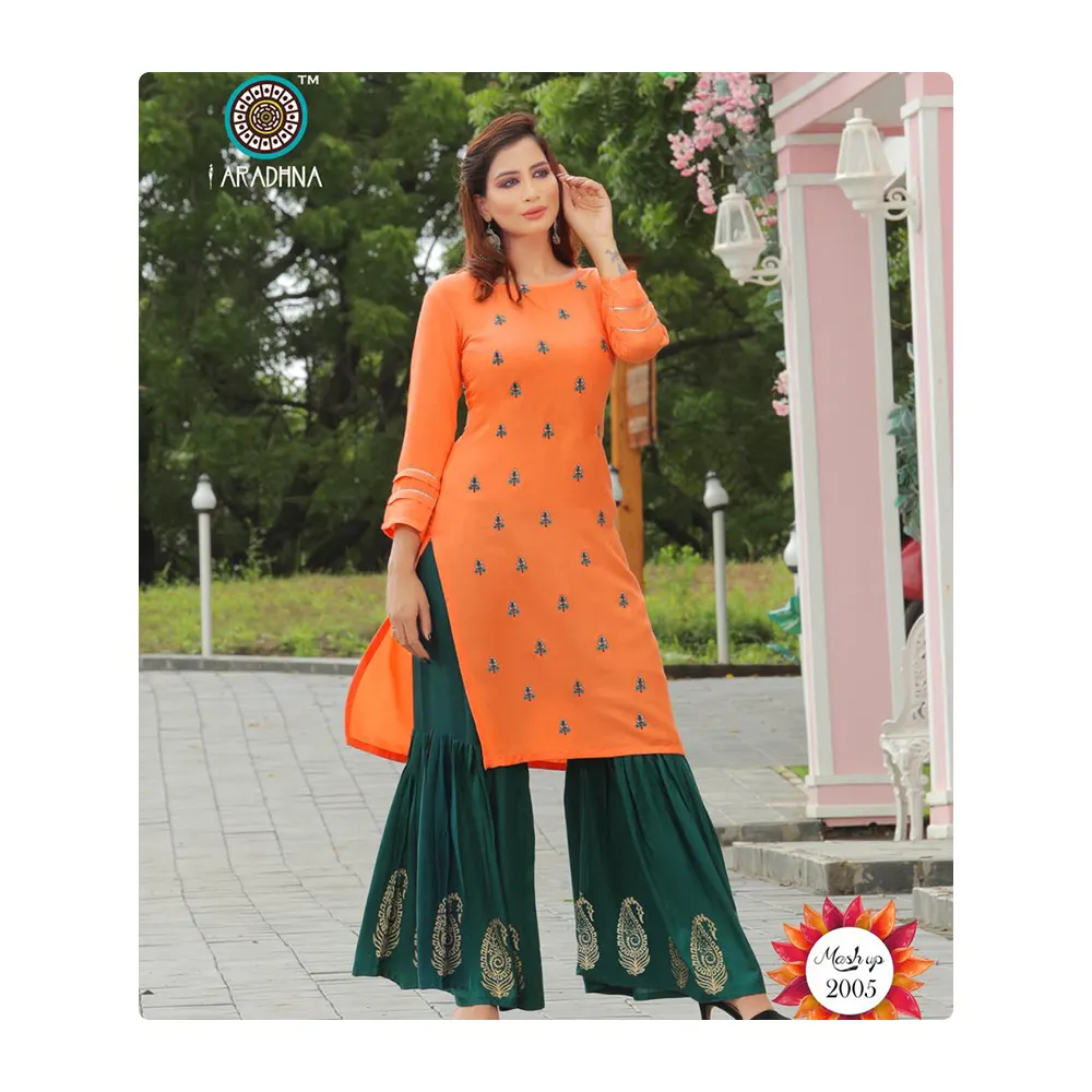 New Designer Soft Rayon Kurti With Embroidery And Printed Sharara For Sale At Wholesaler's Price