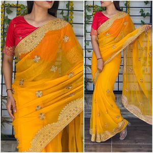 Thiết Kế Mới Nhất Ưa Thích Xu Hướng Màu Vàng Simmer Voan Ấn Độ Wedding Wear <span class=keywords><strong>Saree</strong></span> Áo Cho Phụ Nữ Nhà Sản Xuất Từ Ấn Độ - Product Image 4