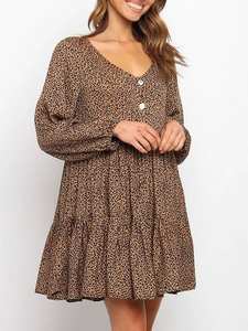 Vestido corto informal de algodón con manga larga para verano, minivestido sexy con estampado de leopardo para mujer, 2021 - Product Image 2