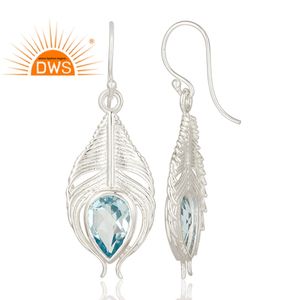 Boucle d'oreille en forme de plume de paon pour femme, argent 925, pierre précieuse bleue en topaze véritable, vente en gros, bijoux, vente en gros - Product Image 3