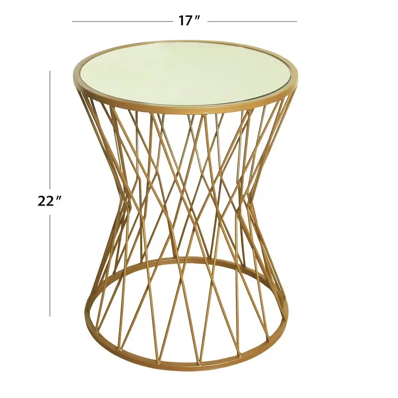 Hot selling round metal side coffee end table gold coated wire design table for Living room and office gold wired with glass top