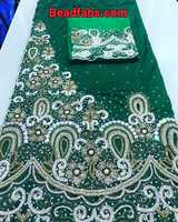 Kain George Afrika Kelas Atas Hijau Mewah Berhias Manik-Manik Berat untuk Gaun Elegan Bahan Sutra Premium