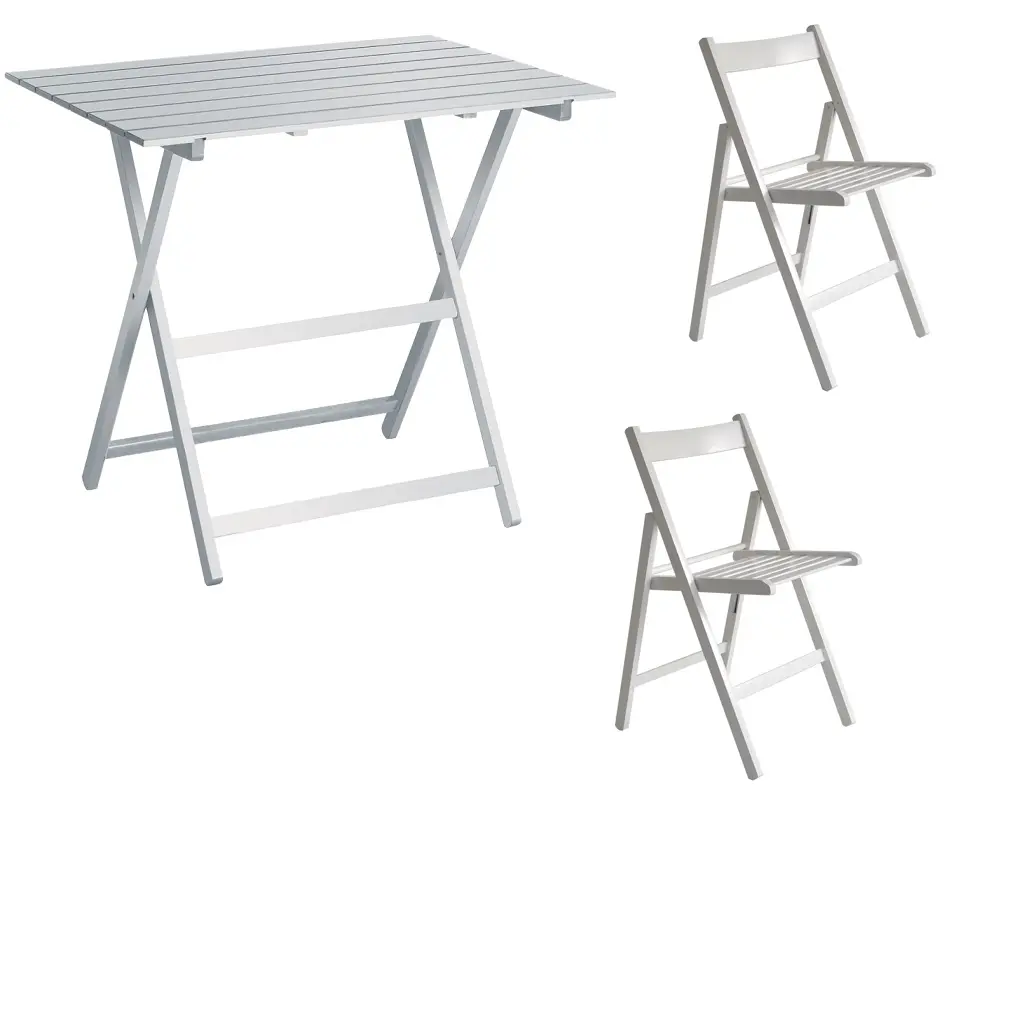 Tavolo pieghevole di alta qualità cm 60x80 e 2 sedie in legno massello di faggio colore bianco per uso interno ed esterno Made in Italy