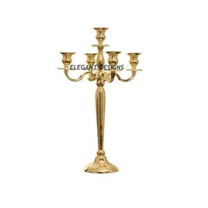 Gold shiny polished Hand craft tall metal royal candelabra Centerpiece Gold Powder Coated 5 Arms Decorative Metal Candelabra