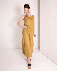 Vestido Maxi Dorado sin Mangas con Cuello Redondo y Bolsillos, 100% Lino, Corte Holgado, Estilo Formal de Verano, con Bordado de Borlas - Product Image 3