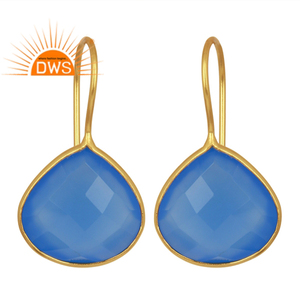 Yellow Gold Plated 925 Silver Hook Earrings Faceted Pear Blue Chalcedony Gemstone Earrings Jewelry Suppliers - Product Image 1