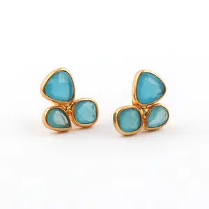 Designer blue chalcedony gemstone gold plated trillion & cushion & pear shape handmade amazing stud earring jewelry - 1721