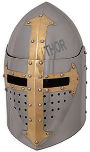 หมวกเกราะพร้อมสแตนเลสสไตล์พับได้,ของการต่อสู้ในยุคกลางการค้าทองเหลืองครูเสดหมวกกันน็อคหนังซับ - Product Image 5