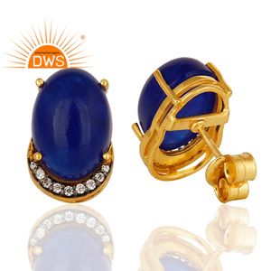 Zircon Blue Aventurine Gemstone Earrings 14k Gold Plated 925 Silver Designer Stud Earrings Jewelry Wholesale - Product Image 3