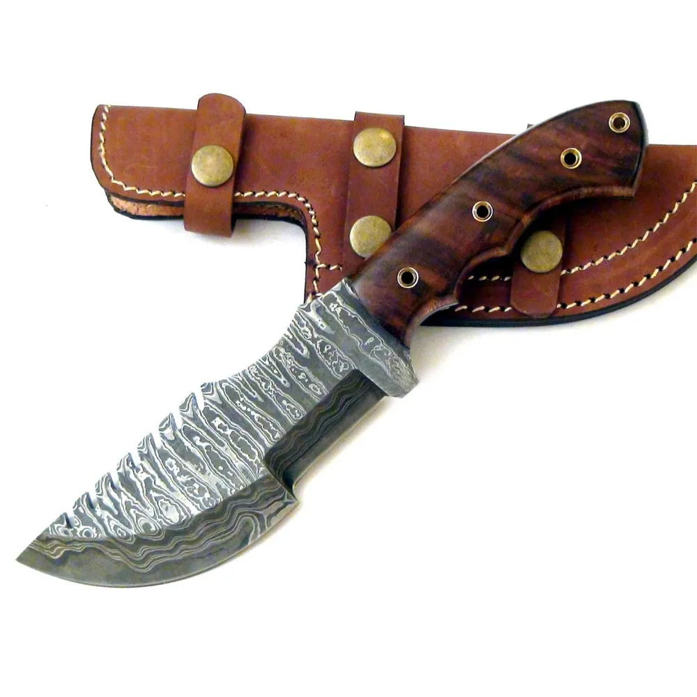 Faca de caça personalizada premium, faca de aço damasco com bainha de couro, lâmina fixa para acampamento, caça ao ar livre