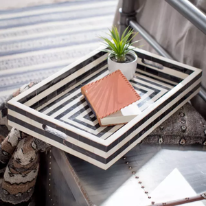 Plateau de service rectangulaire en bois naturel, fait à la main de haute qualité avec incrustation d'os, pour les restaurants à domicile d'hôtel de style indien, nouvelle collection - Product Image 1