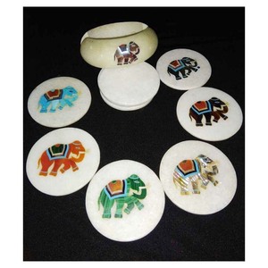 Beautiful White Stone Marble India Elephant Inlay <b>Coaster</b> <b>Set</b> - Product Image 1
