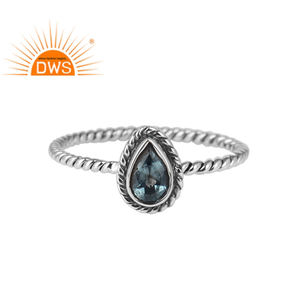 Bague en topaze bleue naturelle en forme de perle, anneau à fil torsadé, en argent 925 pour femmes, bijoux en argent nouvelle collection - Product Image 1