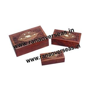 <b>Decorative</b> Wooden Rectangular Trinket Jewelry Box With <b>Elephant</b> Brass Inlay & Hand Carved Design - Product Image 1