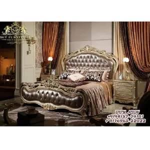 Victorian Style Villa Bed with Side Stools California King Panel 3 Piece Bedroom Set Best Baroque Style Bed and Nightstand