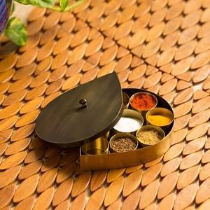 Brass Gold Plated <b>Masala</b> <b>Box</b> <b>Dabba</b> <b>Spice</b> Container With Embossed Lid 7 Compartments <b>Masala</b> <b>Dabba</b> At Best Prices - Product Image 6