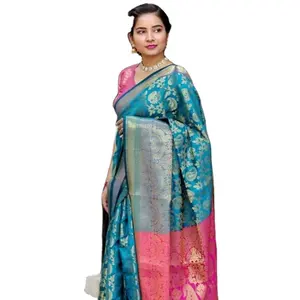 Shree Ấn Độ Xuất Khẩu Đám Cưới Thiết Kế Đặc Biệt 100% Phong Cách Banarasi Saree Ấn Độ Với Áo Cánh Tương Phản Trang Phục Nữ Trực Tuyến Ấn Độ